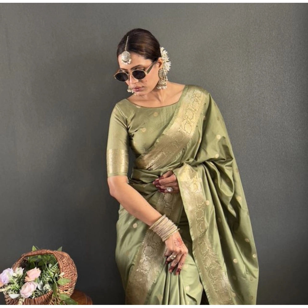 Amfyn Women's Satin Printed Saree With Unstitched Blouse 5.5Mtr (Green)
