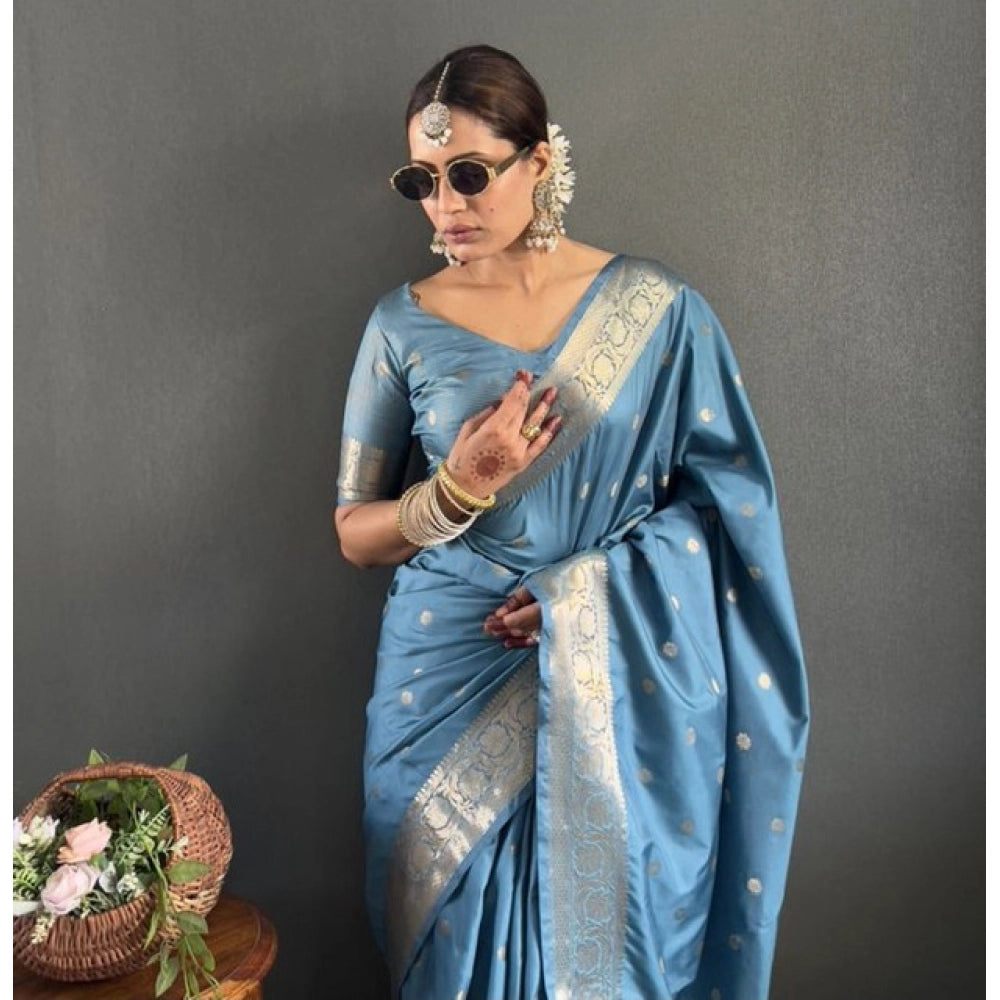 Amfyn Women's Satin Printed Saree With Unstitched Blouse 5.5Mtr (light Blue)