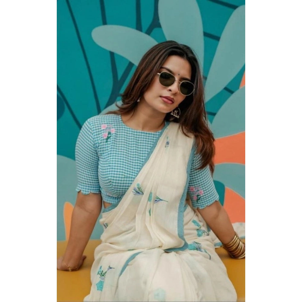 Amfyn Women's Linen Printed Saree With Unstitched Blouse 5.5Mtr (White)