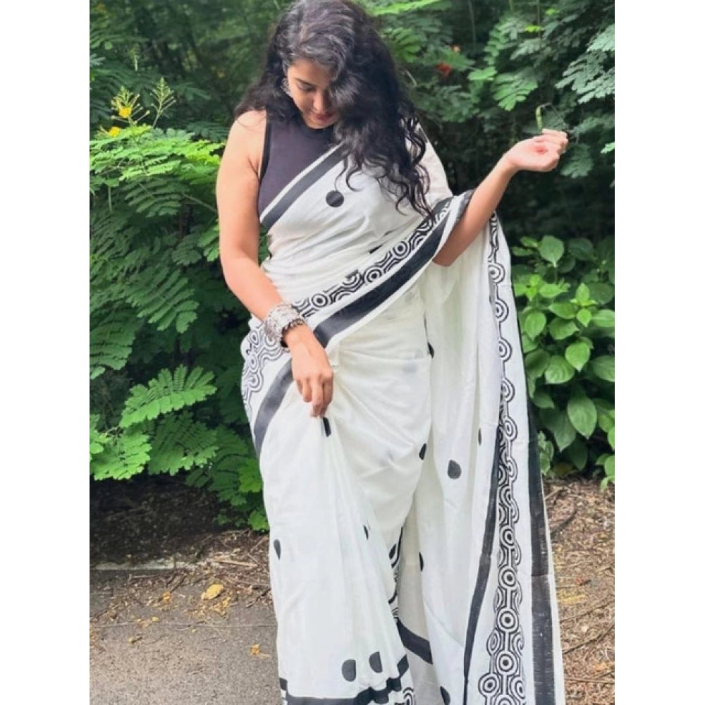 Amfyn Women's Linen Printed Saree With Unstitched Blouse 5.5Mtr (White)