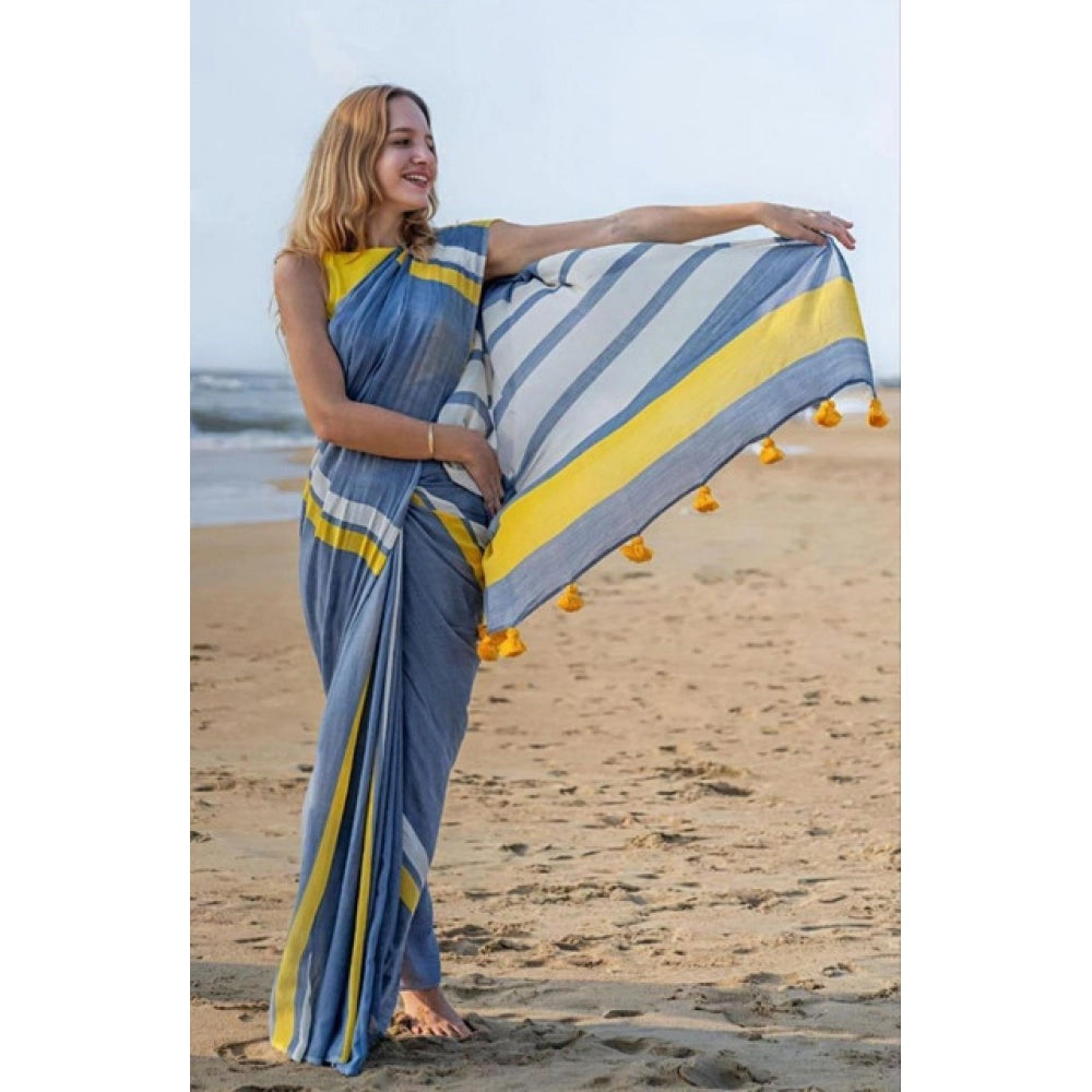 Amfyn Women's Linen Printed Saree With Unstitched Blouse 5.5Mtr (Blue)