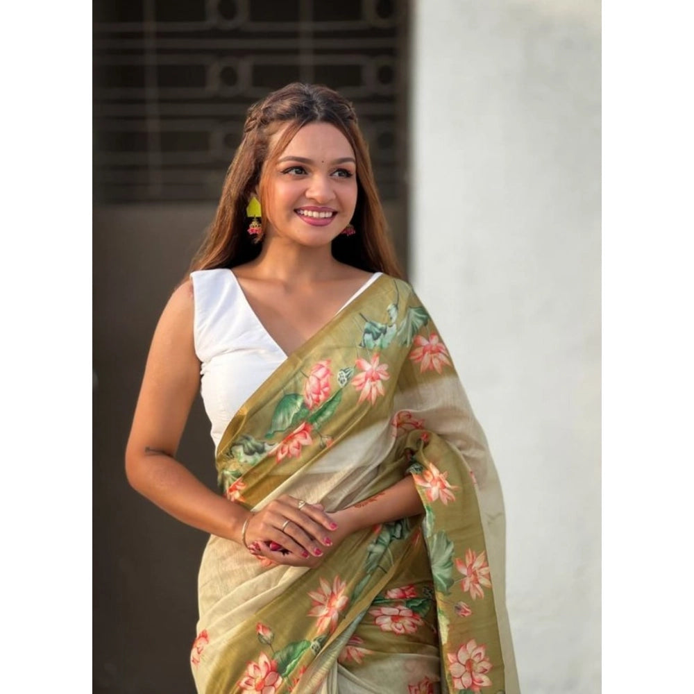 Amfyn Women's Linen Printed Saree With Unstitched Blouse 5.5Mtr (Mahendi)