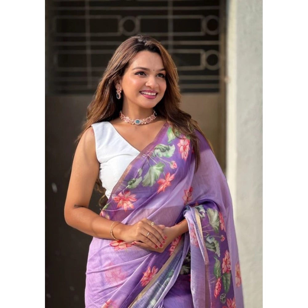 Amfyn Women's Linen Printed Saree With Unstitched Blouse 5.5Mtr (Purple)