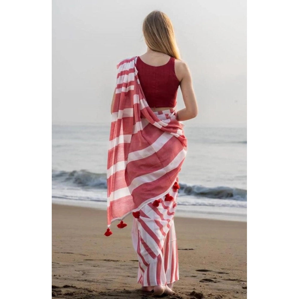 Amfyn Women's Linen Printed Saree With Unstitched Blouse 5.5Mtr (Red)