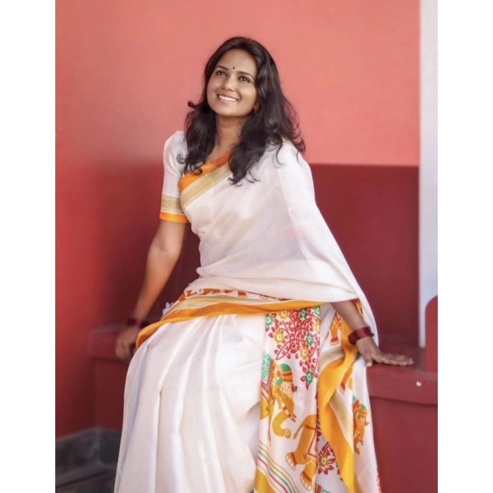 Amfyn Women's Linen Printed Saree With Unstitched Blouse 5.5Mtr (White)