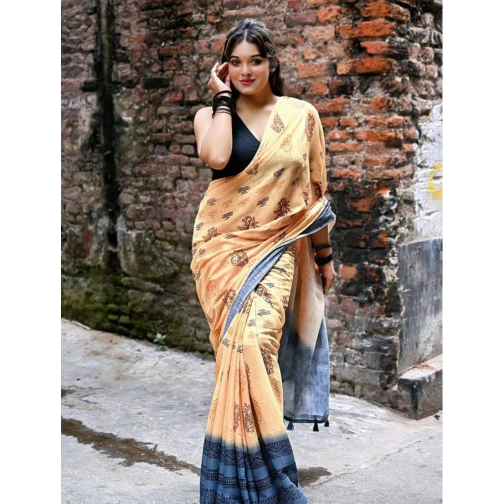 Amfyn Women's Linen Printed Saree With Unstitched Blouse 5.5Mtr (Peach)