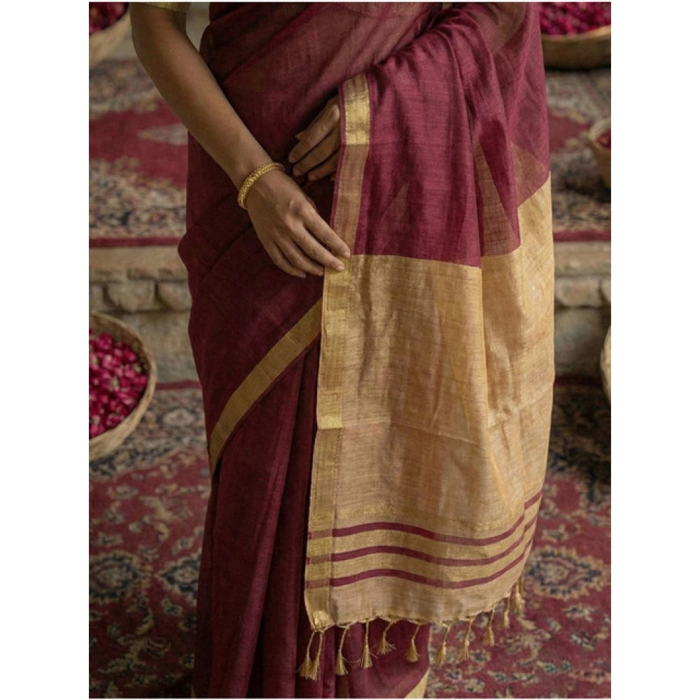 Amfyn Women's Cotton Printed Saree With Unstitched Blouse 5.5Mtr (Wine)