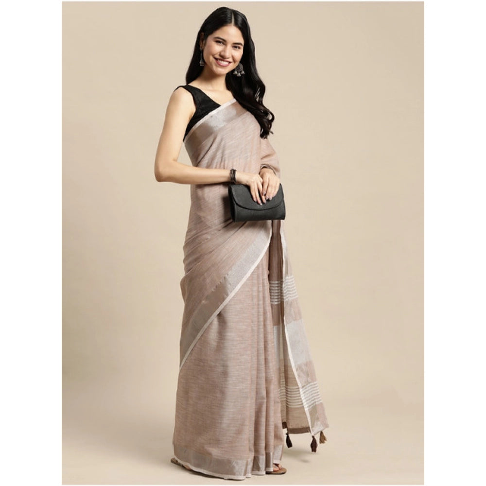 Amfyn Women's Linen Cotton Printed Saree With Unstitched Blouse 5.5Mtr (Beige)