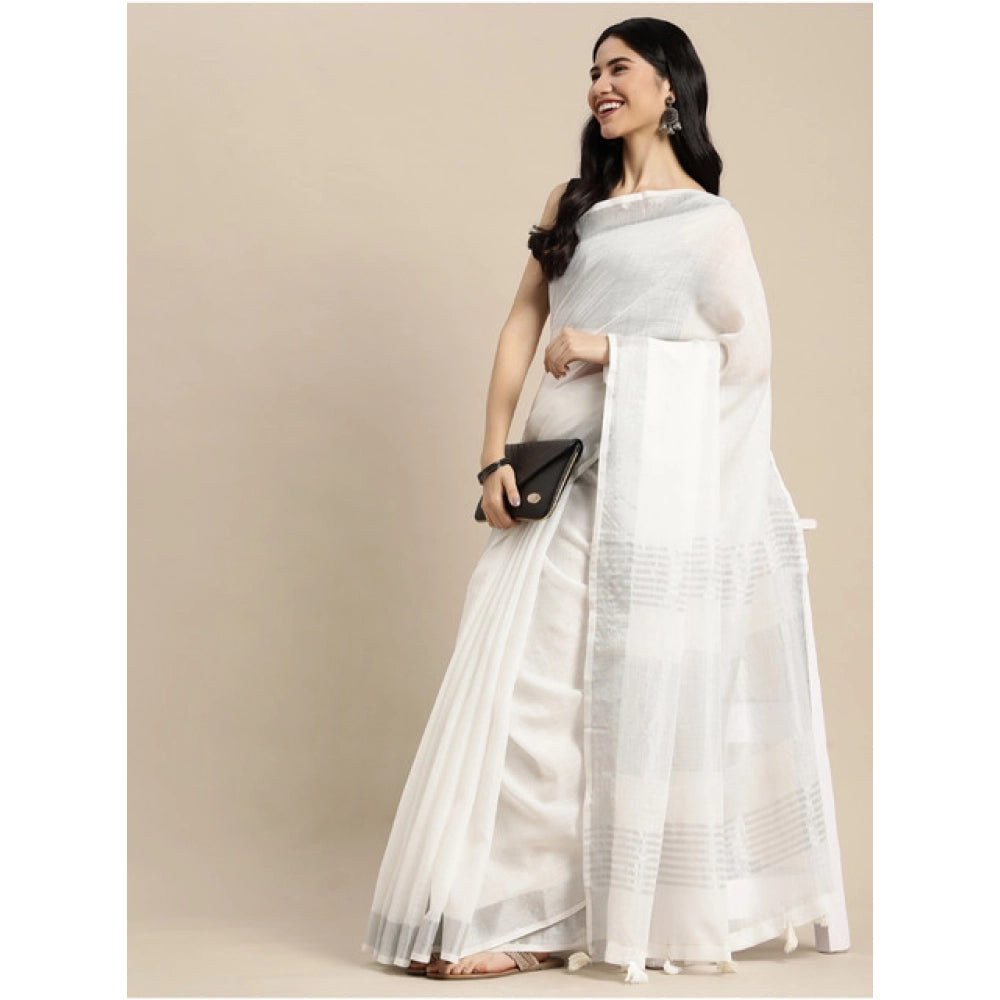 Amfyn Women's Linen Cotton Printed Saree With Unstitched Blouse 5.5Mtr (White)