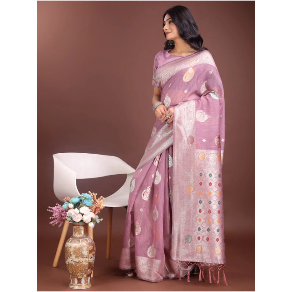 Amfyn Women's Linen Cotton Printed Saree With Unstitched Blouse 5.5Mtr (Purple)