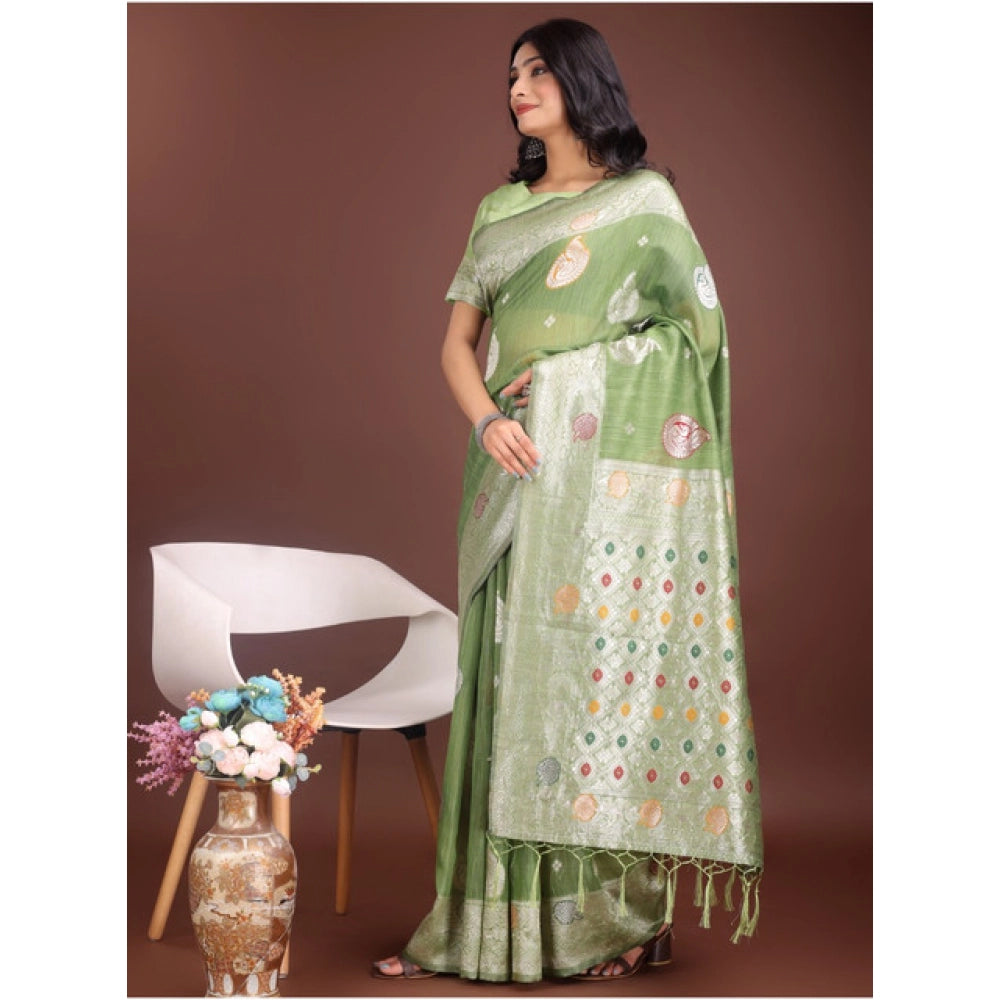 Amfyn Women's Linen Cotton Printed Saree With Unstitched Blouse 5.5Mtr (Light Green)