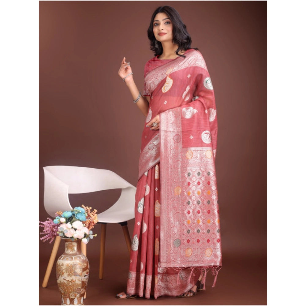 Amfyn Women's Linen Cotton Printed Saree With Unstitched Blouse 5.5Mtr (Pink)
