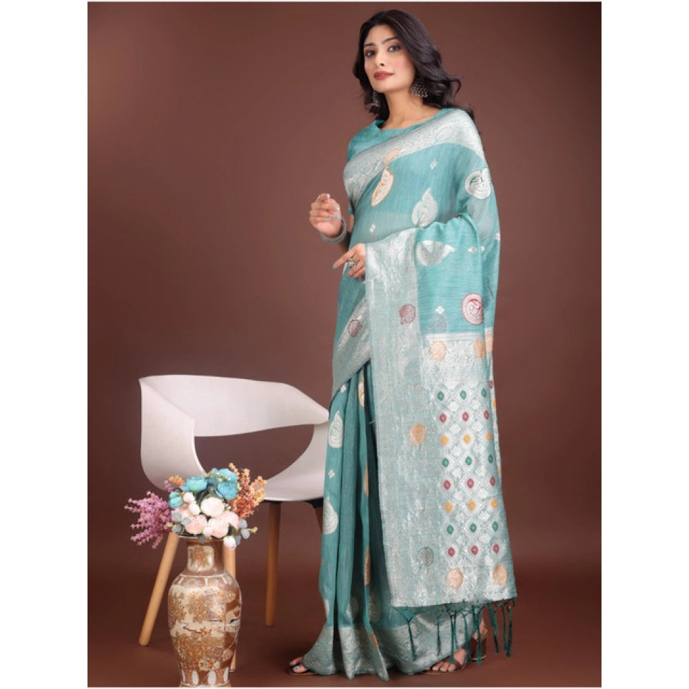 Amfyn Women's Linen Cotton Printed Saree With Unstitched Blouse 5.5Mtr (Sea Green)