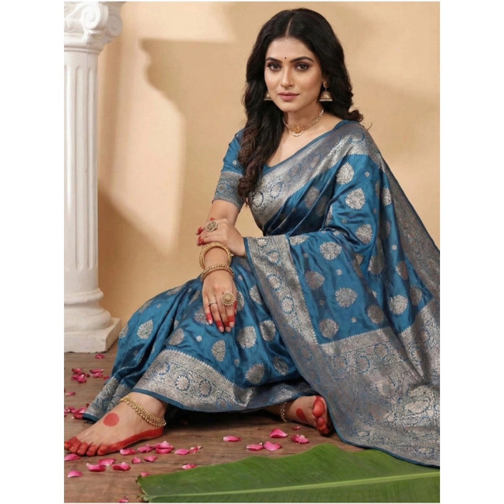 Amfyn Women's Silk Blend Printed Saree With Unstitched Blouse 5.5Mtr (Teal Blue)