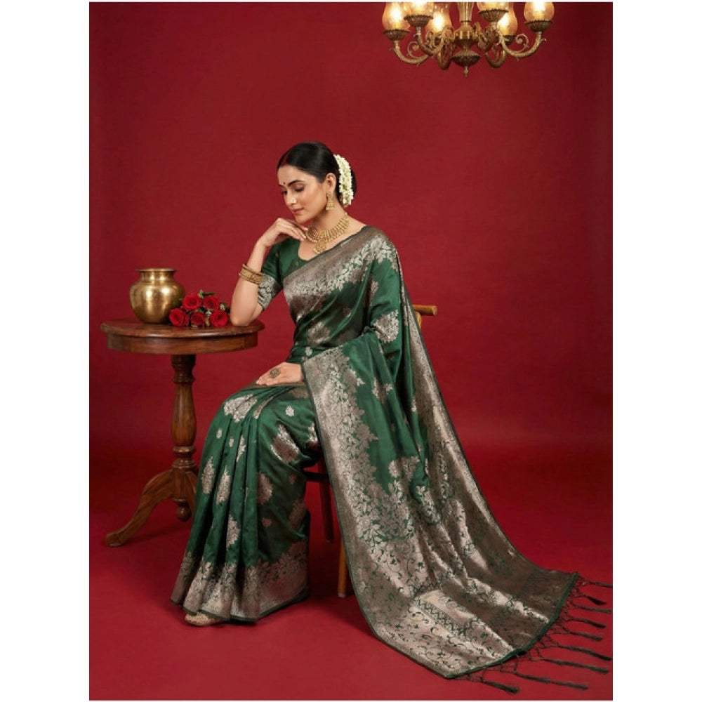 Amfyn Women's Silk Blend Printed Saree With Unstitched Blouse 5.5Mtr (Dark Green)
