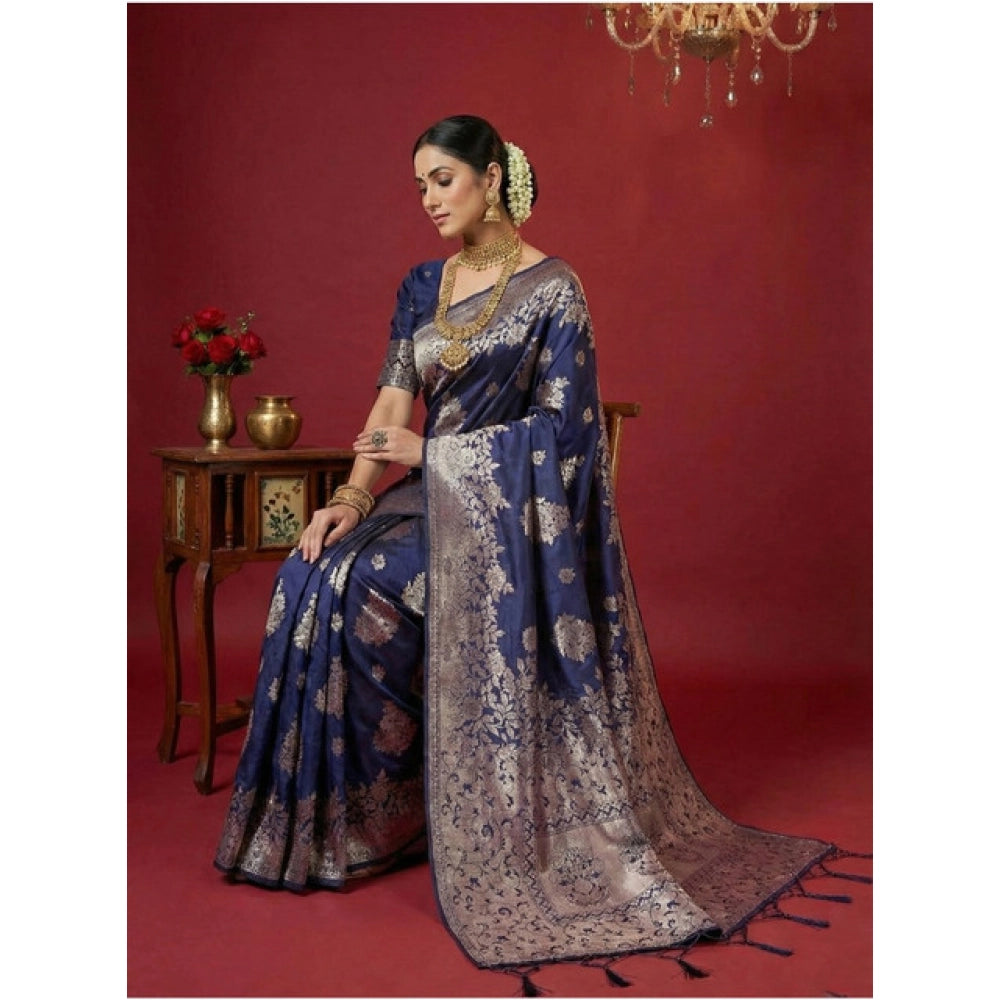 Amfyn Women's Silk Blend Printed Saree With Unstitched Blouse 5.5Mtr (Navy Blue)