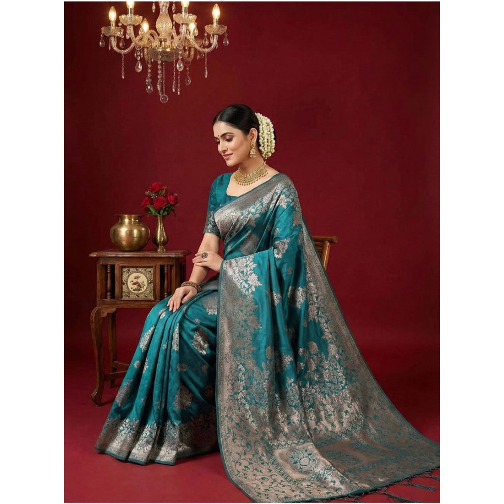 Amfyn Women's Silk Blend Printed Saree With Unstitched Blouse 5.5Mtr (Sea Green)