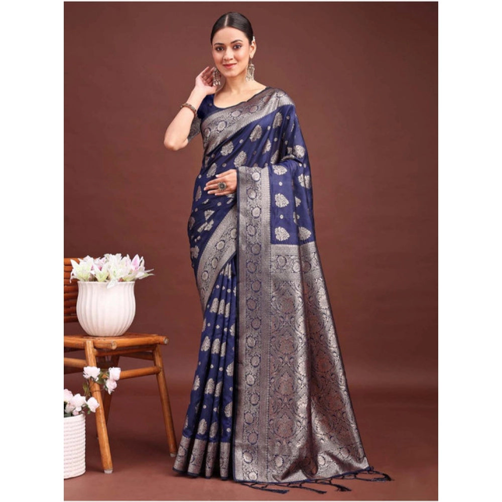 Amfyn Women's Banarasi Silk Printed Saree With Unstitched Blouse 5.5Mtr (Navy Blue)