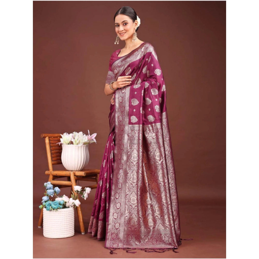 Amfyn Women's Banarasi Silk Printed Saree With Unstitched Blouse 5.5Mtr (Purple)