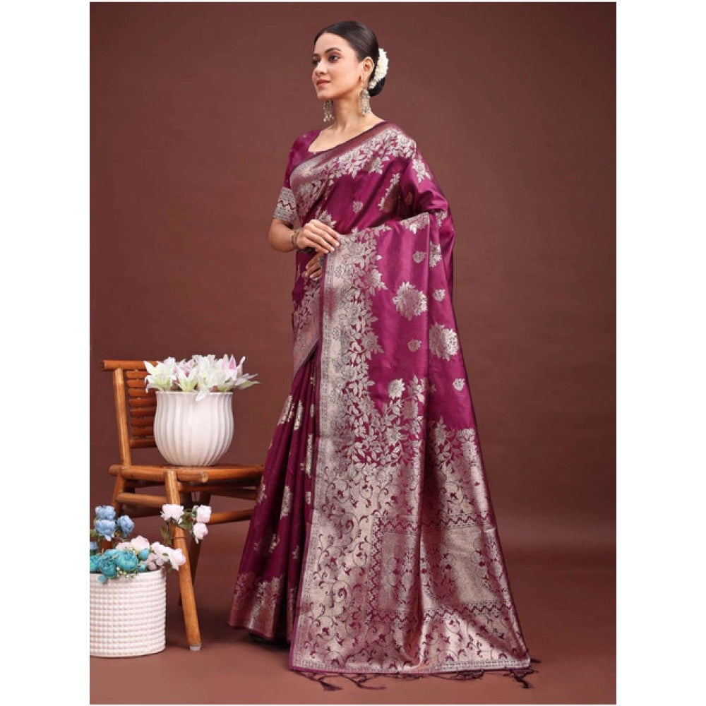 Amfyn Women's Banarasi Silk Printed Saree With Unstitched Blouse 5.5Mtr (Purple)