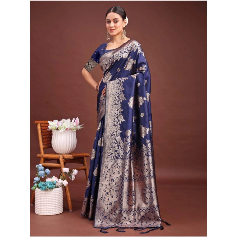 Amfyn Women's Banarasi Silk Printed Saree With Unstitched Blouse 5.5Mtr (Navy Blue)