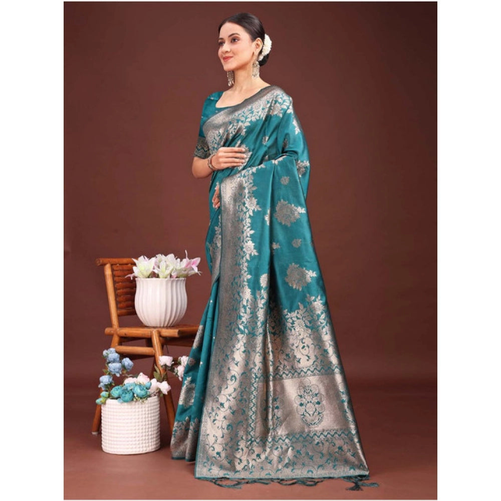 Amfyn Women's Banarasi Silk Printed Saree With Unstitched Blouse 5.5Mtr (Sea Green)