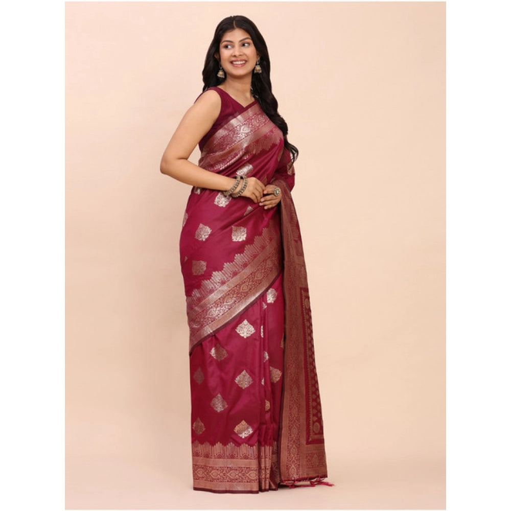 Amfyn Women's Banarasi Silk Printed Saree With Unstitched Blouse 5.5Mtr (Magenta)
