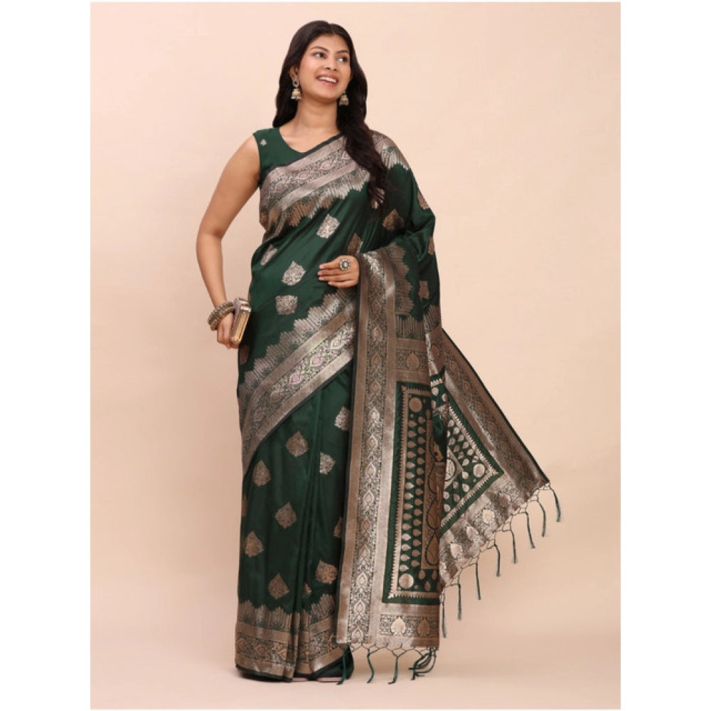 Amfyn Women's Banarasi Silk Printed Saree With Unstitched Blouse 5.5Mtr (Green)