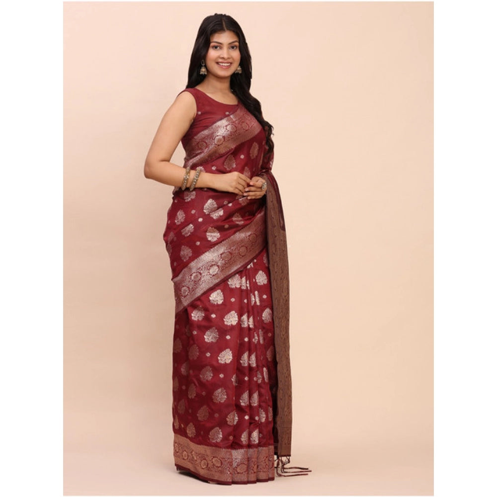Amfyn Women's Banarasi Silk Printed Saree With Unstitched Blouse 5.5Mtr (Maroon)