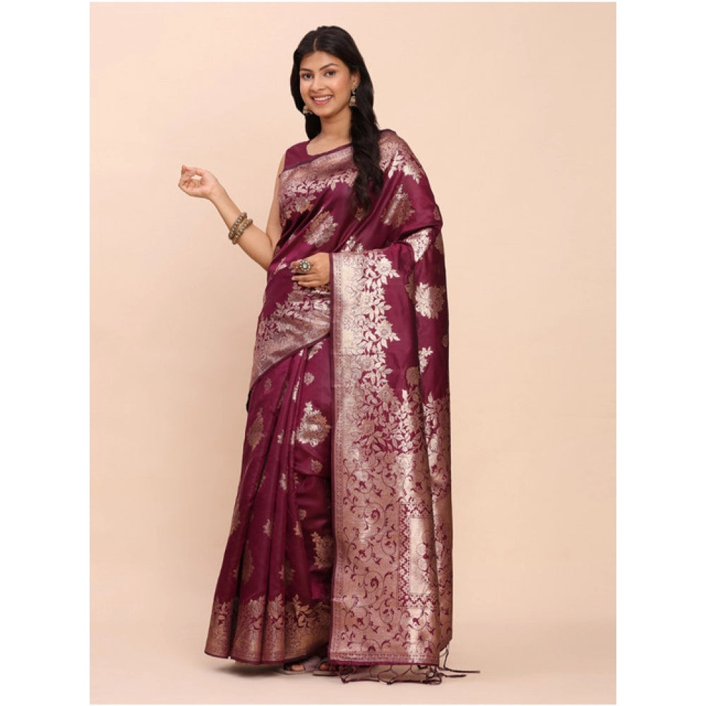 Amfyn Women's Banarasi Silk Printed Saree With Unstitched Blouse 5.5Mtr (Purple)