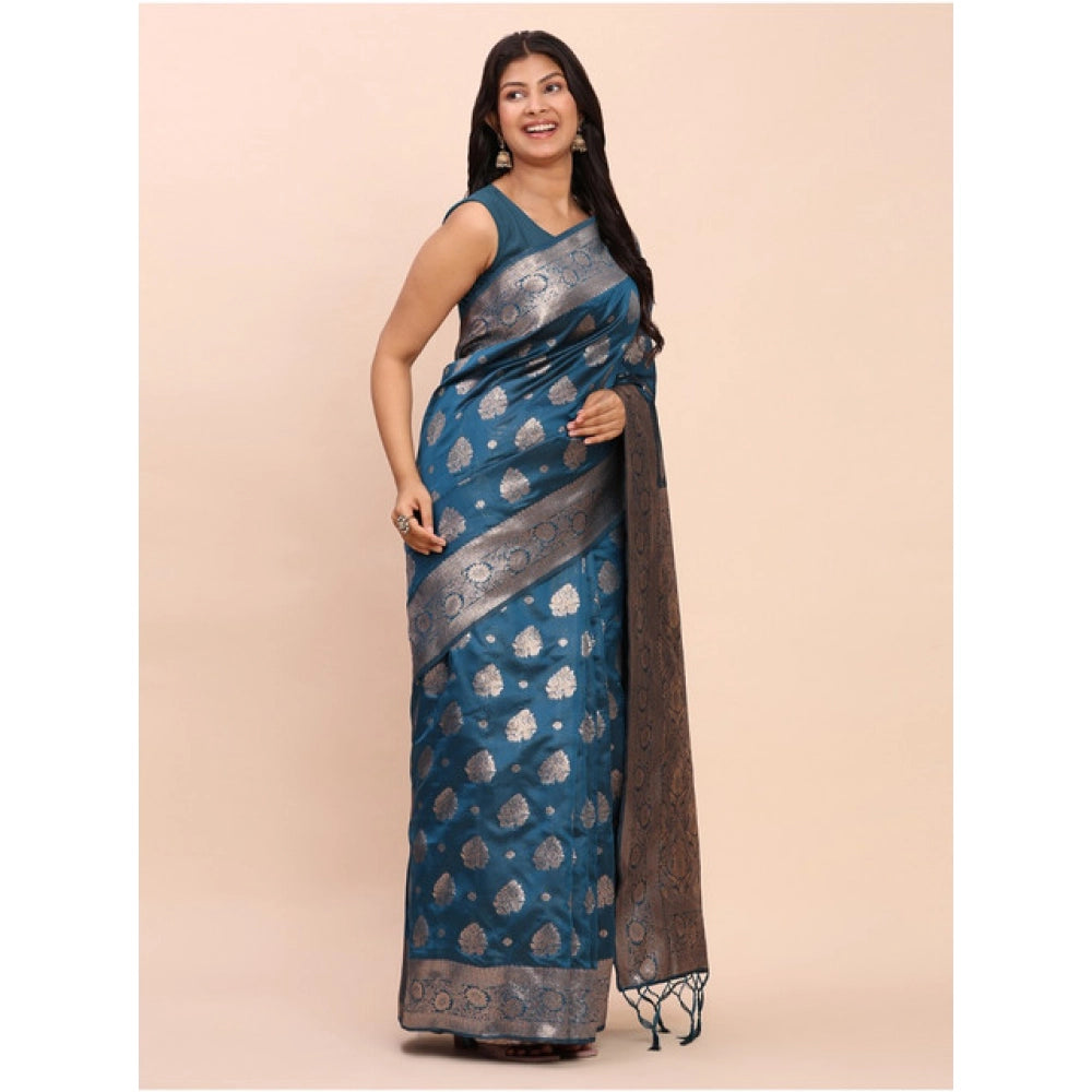 Amfyn Women's Banarasi Silk Printed Saree With Unstitched Blouse 5.5Mtr (Teal Blue)