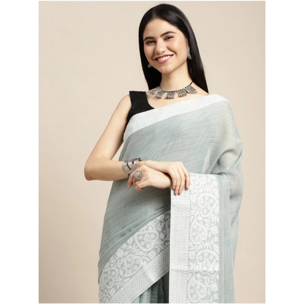 Amfyn Women's Linen Printed Saree With Unstitched Blouse 5.5Mtr (Sea Green)