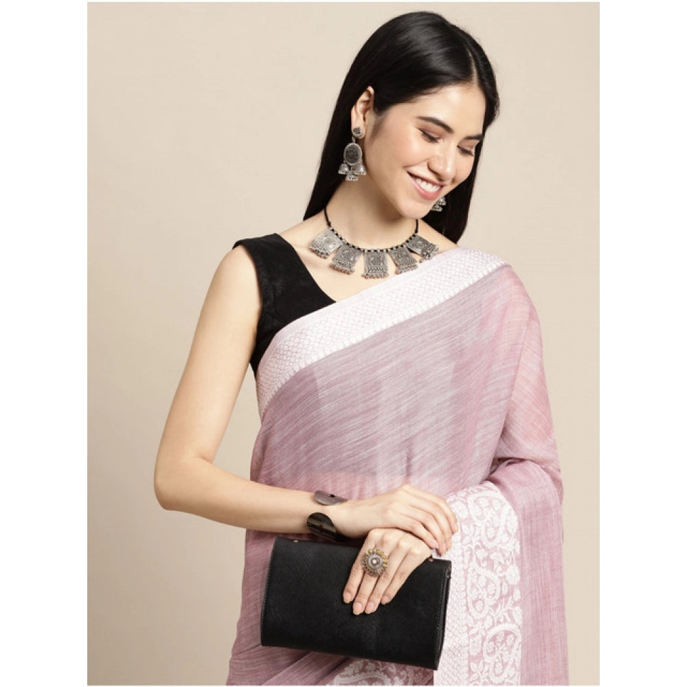 Amfyn Women's Linen Printed Saree With Unstitched Blouse 5.5Mtr (Purple)
