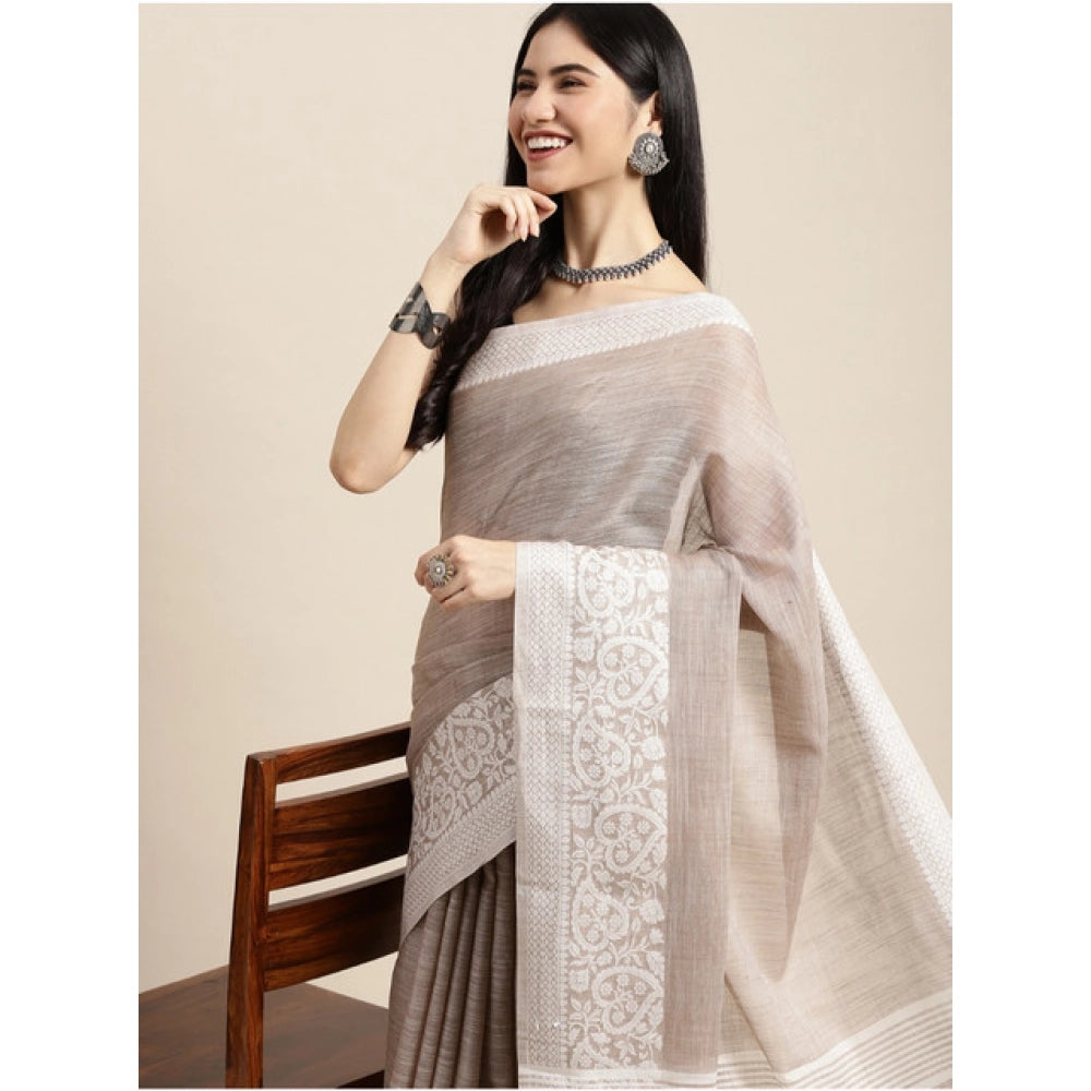 Amfyn Women's Linen Printed Saree With Unstitched Blouse 5.5Mtr (Beige)
