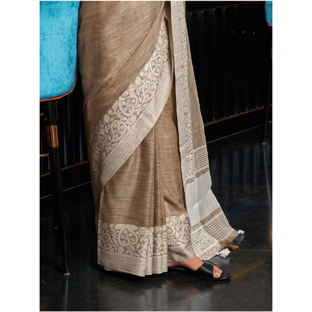 Amfyn Women's Linen Printed Saree With Unstitched Blouse 5.5Mtr (Beige)