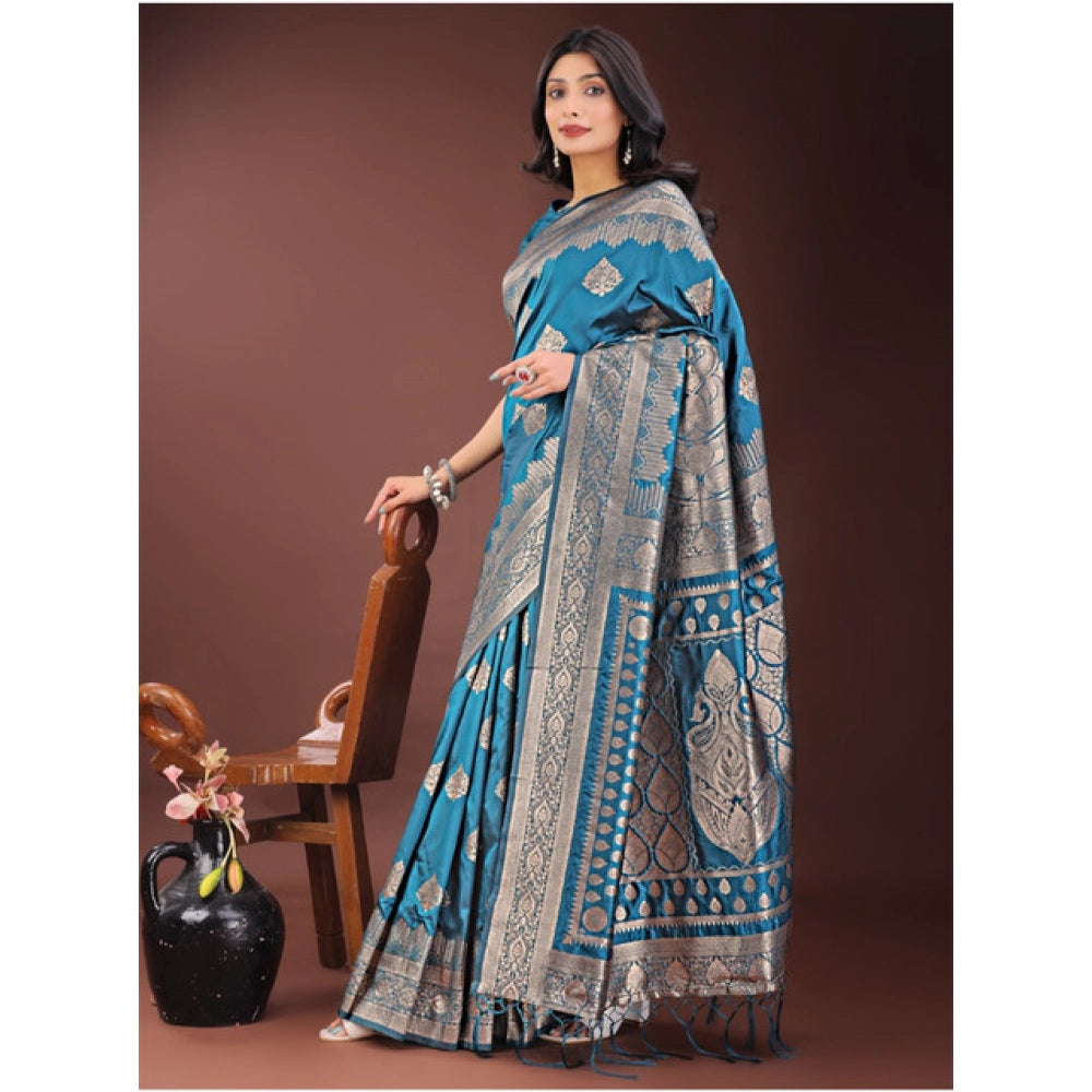 Amfyn Women's Silk Printed Saree With Unstitched Blouse 5.5Mtr (Teal)