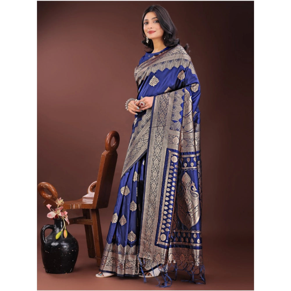 Amfyn Women's Silk Printed Saree With Unstitched Blouse 5.5Mtr (Navy Blue)