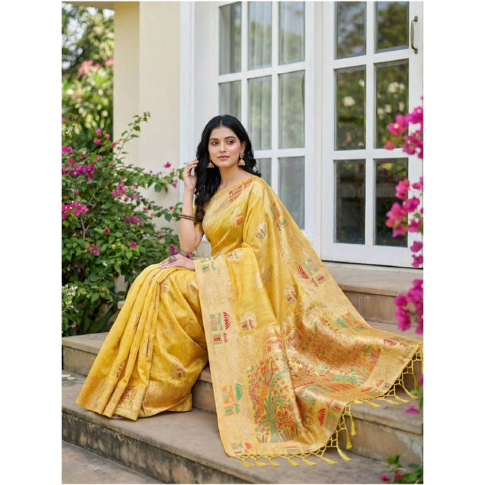 Amfyn Women's Linen Cotton Printed Saree With Unstitched Blouse 5.5Mtr (Yellow)