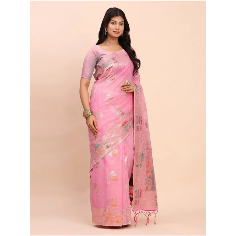 Amfyn Women's Linen Cotton Printed Saree With Unstitched Blouse 5.5Mtr (Pink)