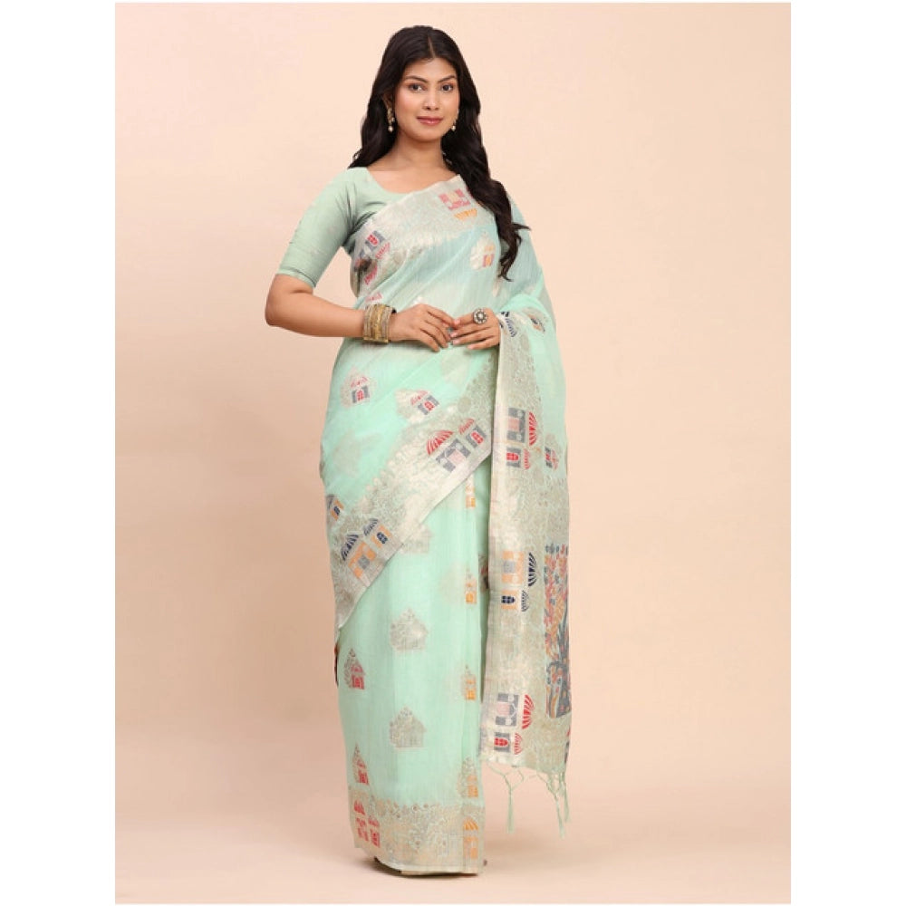 Amfyn Women's Linen Cotton Printed Saree With Unstitched Blouse 5.5Mtr (Sea Green)