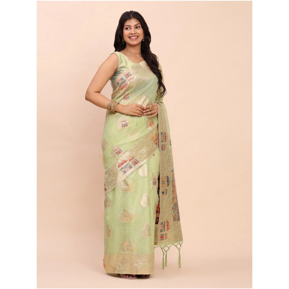 Amfyn Women's Linen Cotton Printed Saree With Unstitched Blouse 5.5Mtr (Light Green)