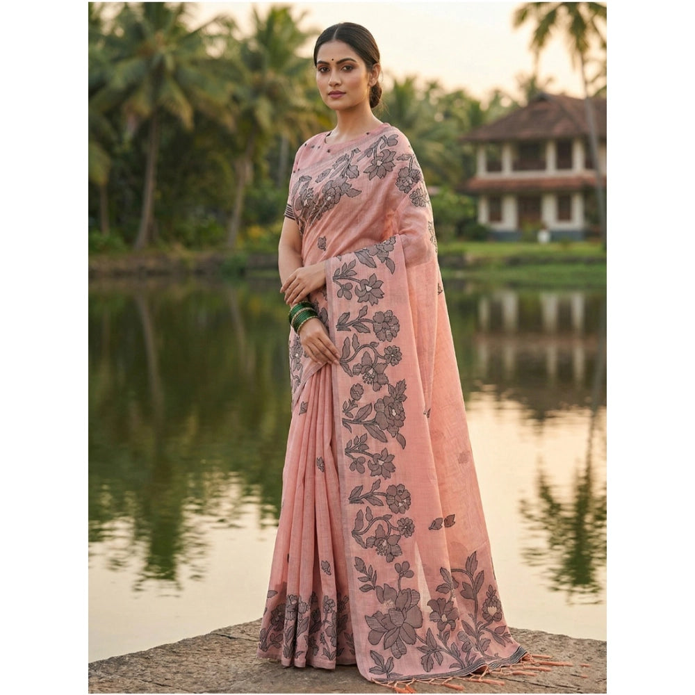 Amfyn Women's Linen Cotton Printed Saree With Unstitched Blouse 5.5Mtr (Peach)