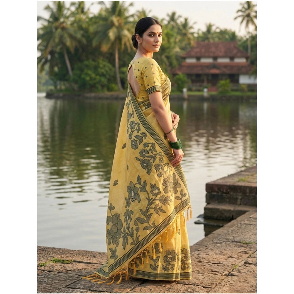 Amfyn Women's Linen Cotton Printed Saree With Unstitched Blouse 5.5Mtr (Yellow)