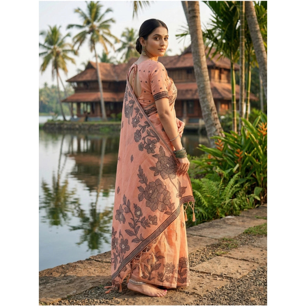 Amfyn Women's Linen Cotton Printed Saree With Unstitched Blouse 5.5Mtr (Orange)