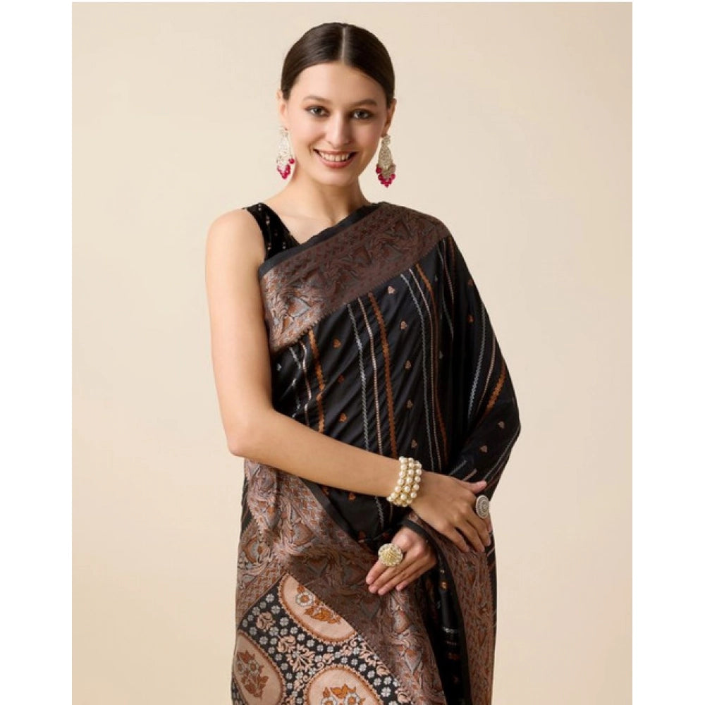 Amfyn Women's Soft Silk Jacquard Saree With Unstitched Blouse 5.5Mtr (Black)