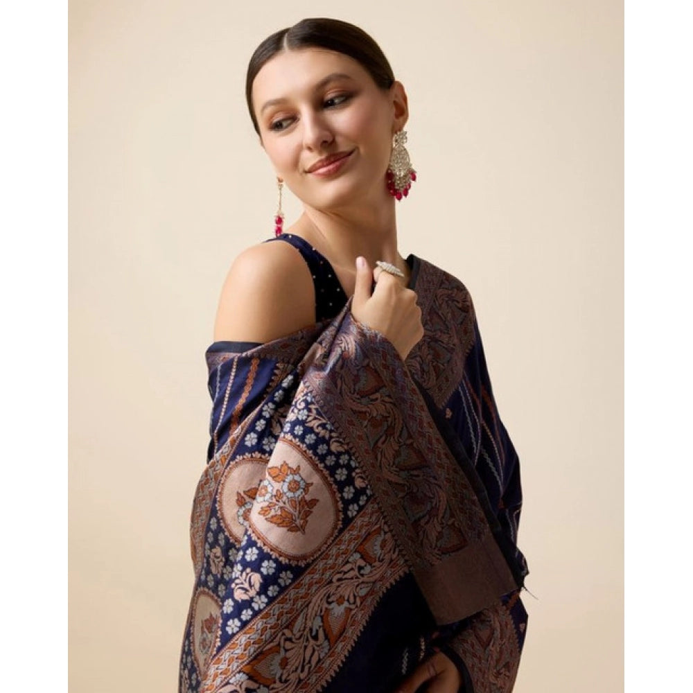 Amfyn Women's Soft Silk Jacquard Saree With Unstitched Blouse 5.5Mtr (Navy)
