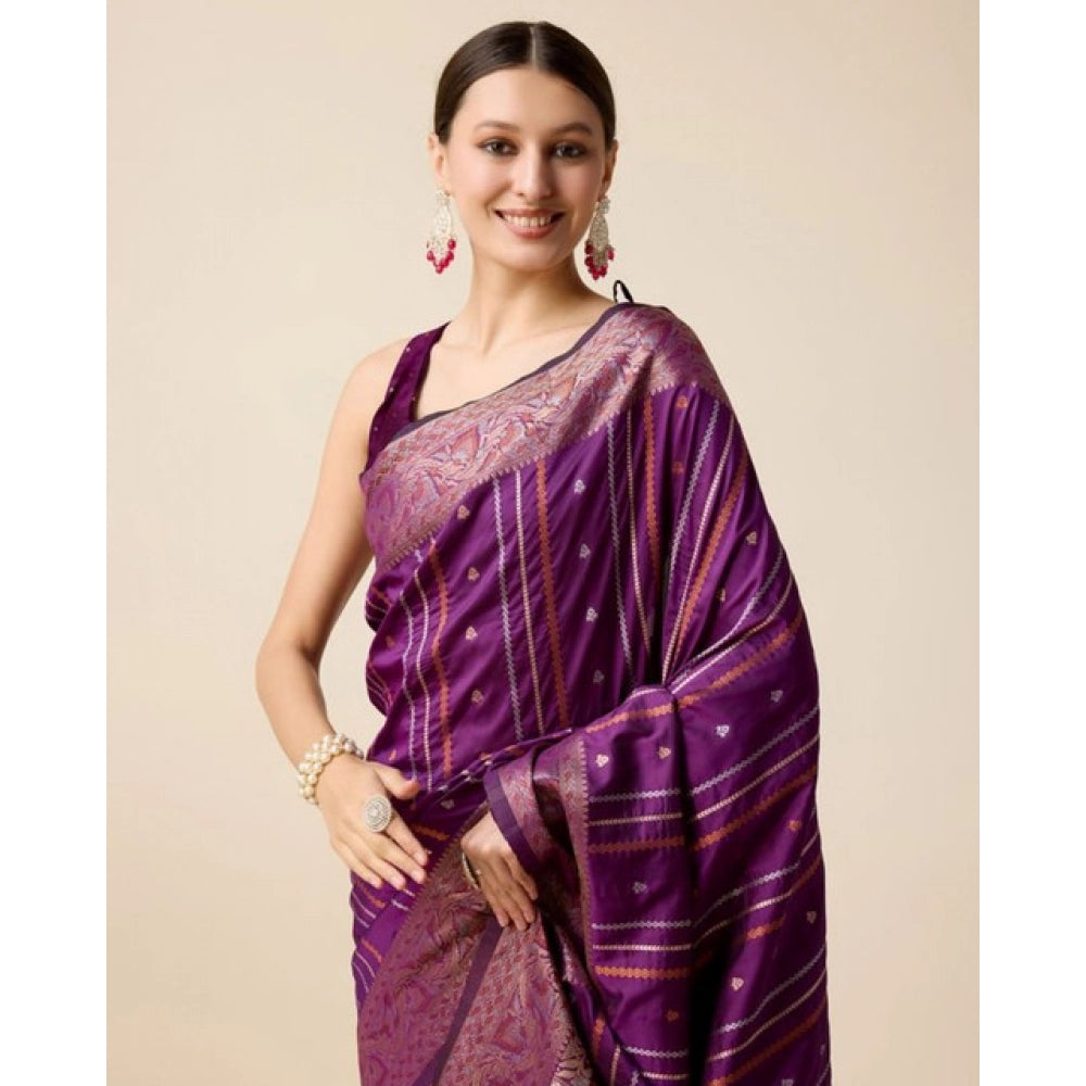 Amfyn Women's Soft Silk Jacquard Saree With Unstitched Blouse 5.5Mtr (Purple)