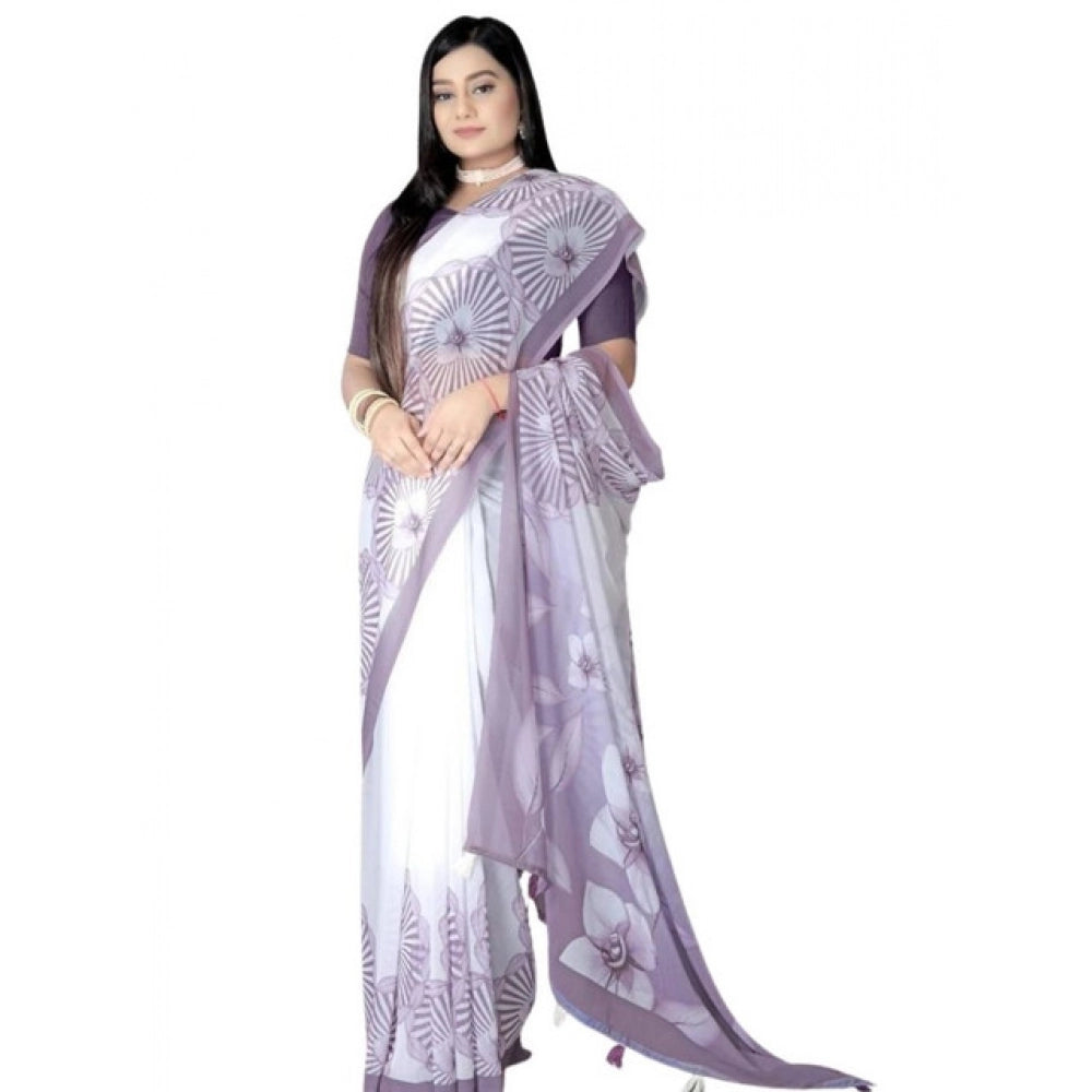 Amfyn Women's Georgette Floral Printed Saree With Unstitched Blouse 5.5Mtr (Lavender)