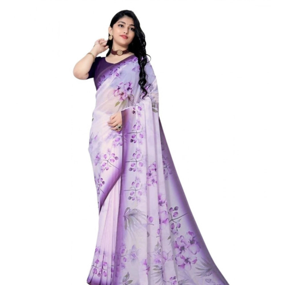 Amfyn Women's Georgette Floral Printed Saree With Unstitched Blouse 5.5Mtr (Purple)