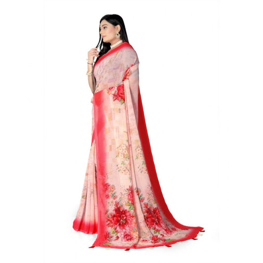 Amfyn Women's Georgette Floral Printed Saree With Unstitched Blouse 5.5Mtr (Red)